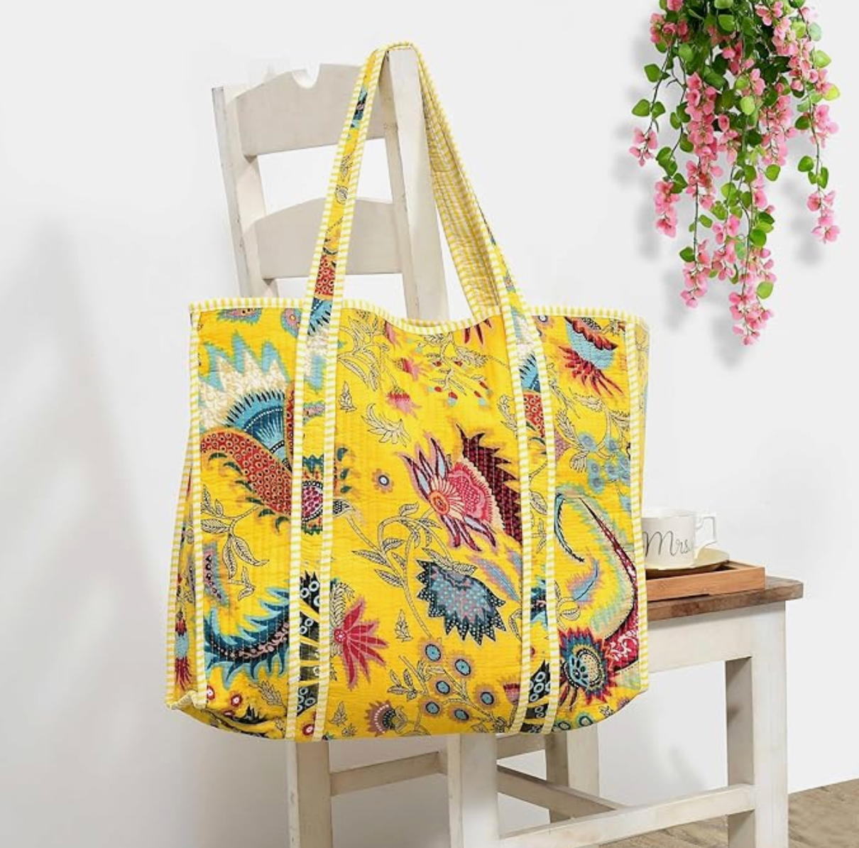 Quilted Cotton Tote Bag (Yellow Floral)