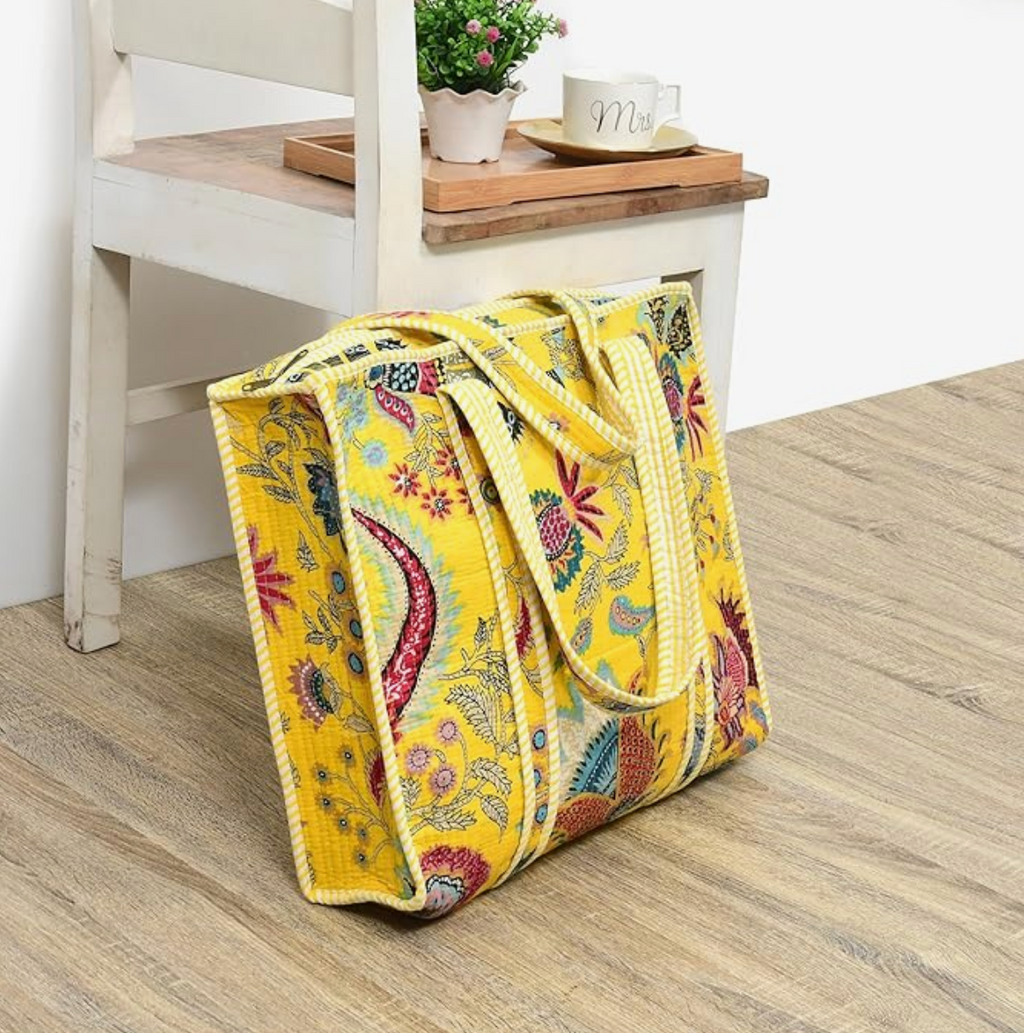 Quilted Cotton Tote Bag (Yellow Floral)