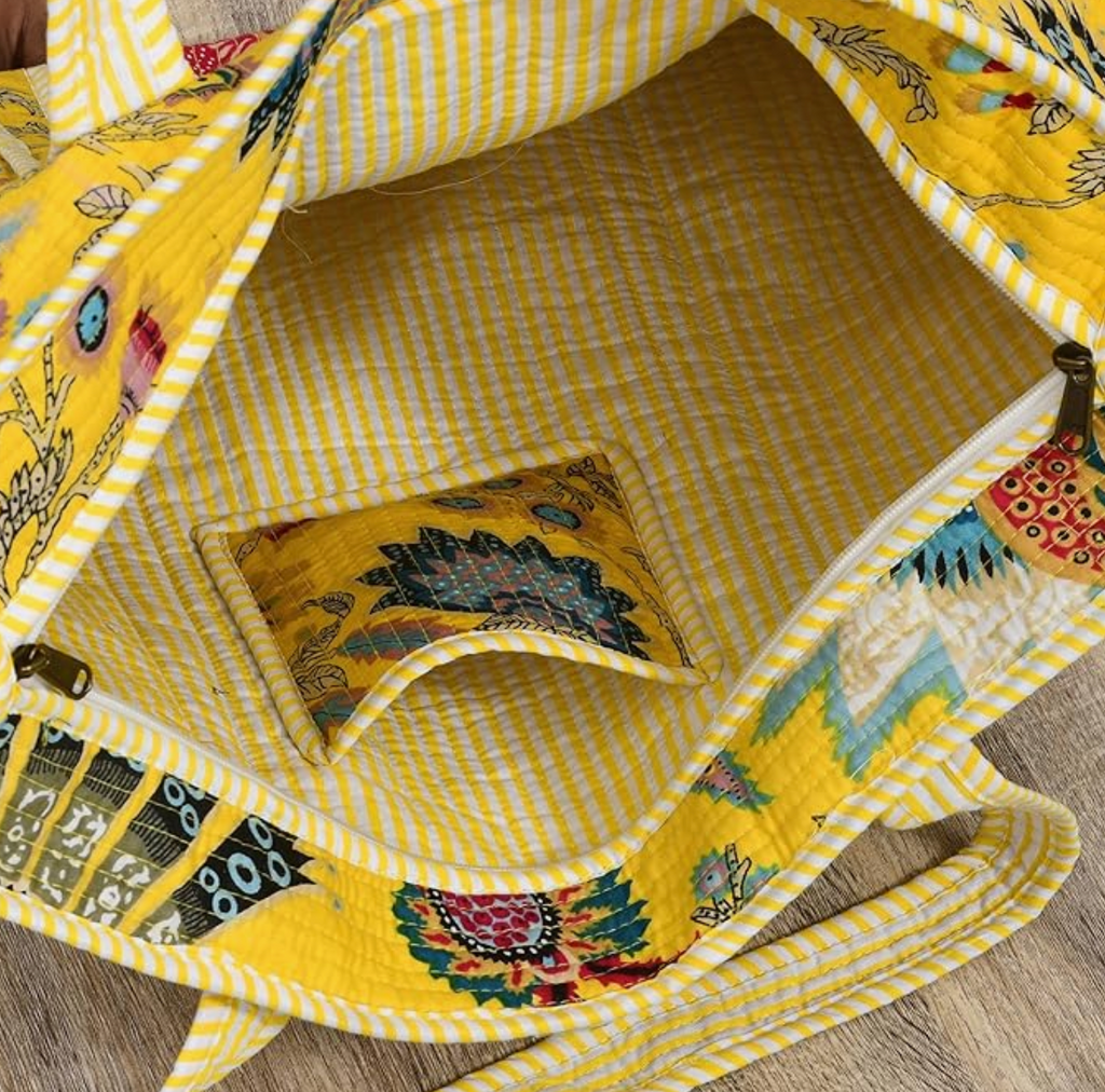 Quilted Cotton Tote Bag (Yellow Floral)