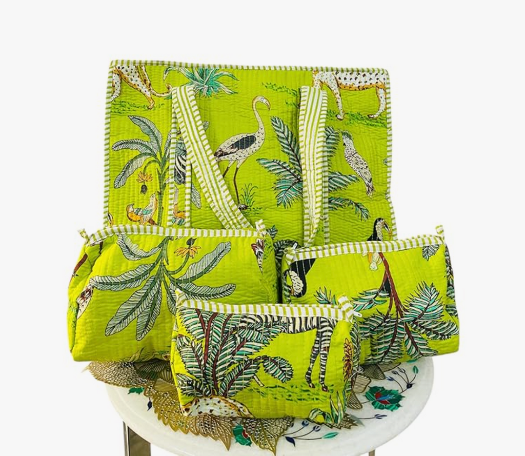 Premium Quilted Tote Bag with Matching Pouches Combo Set (Parrot Green Jungle)