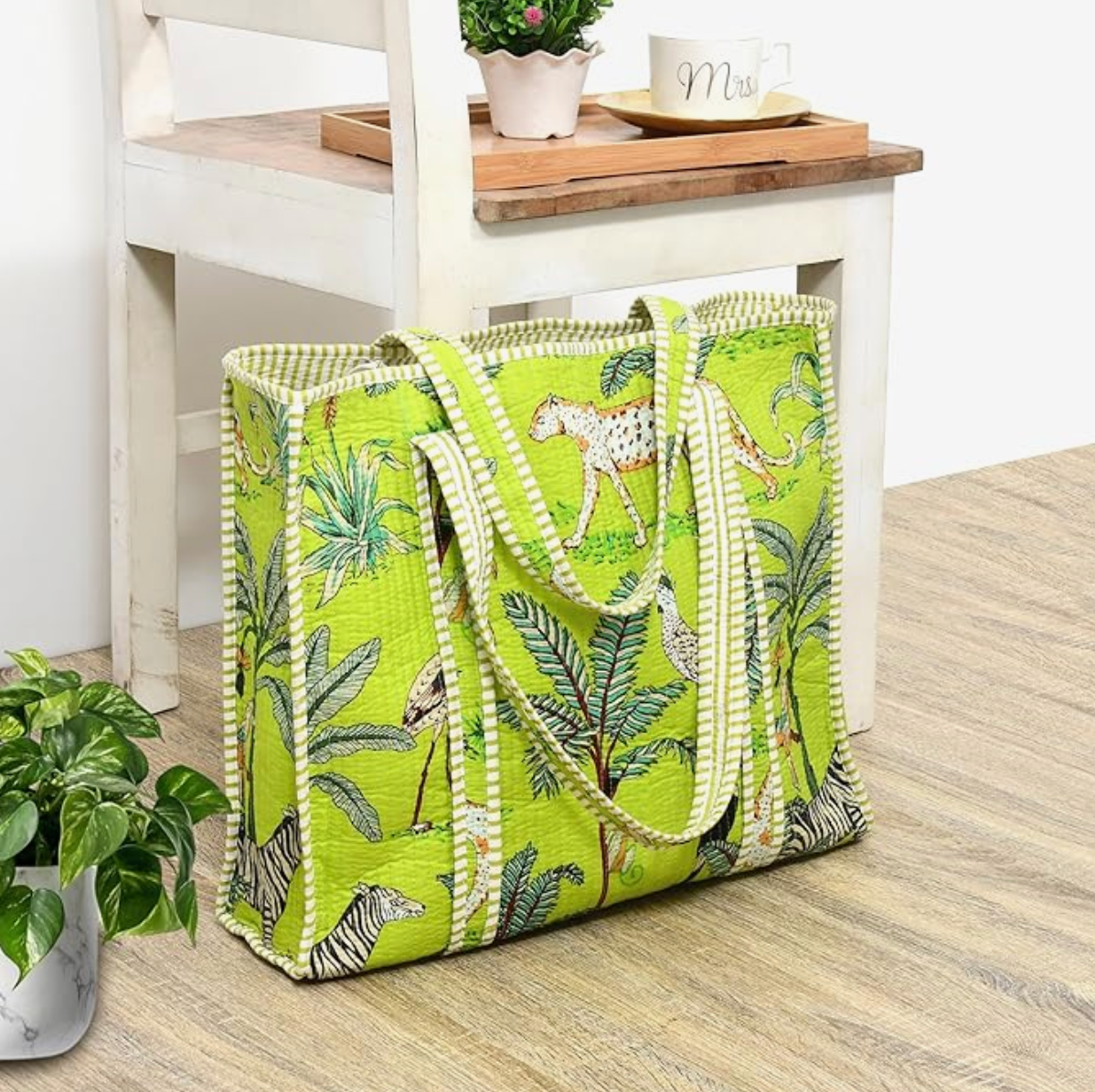 Premium Quilted Tote Bag with Matching Pouches Combo Set (Parrot Green Jungle)