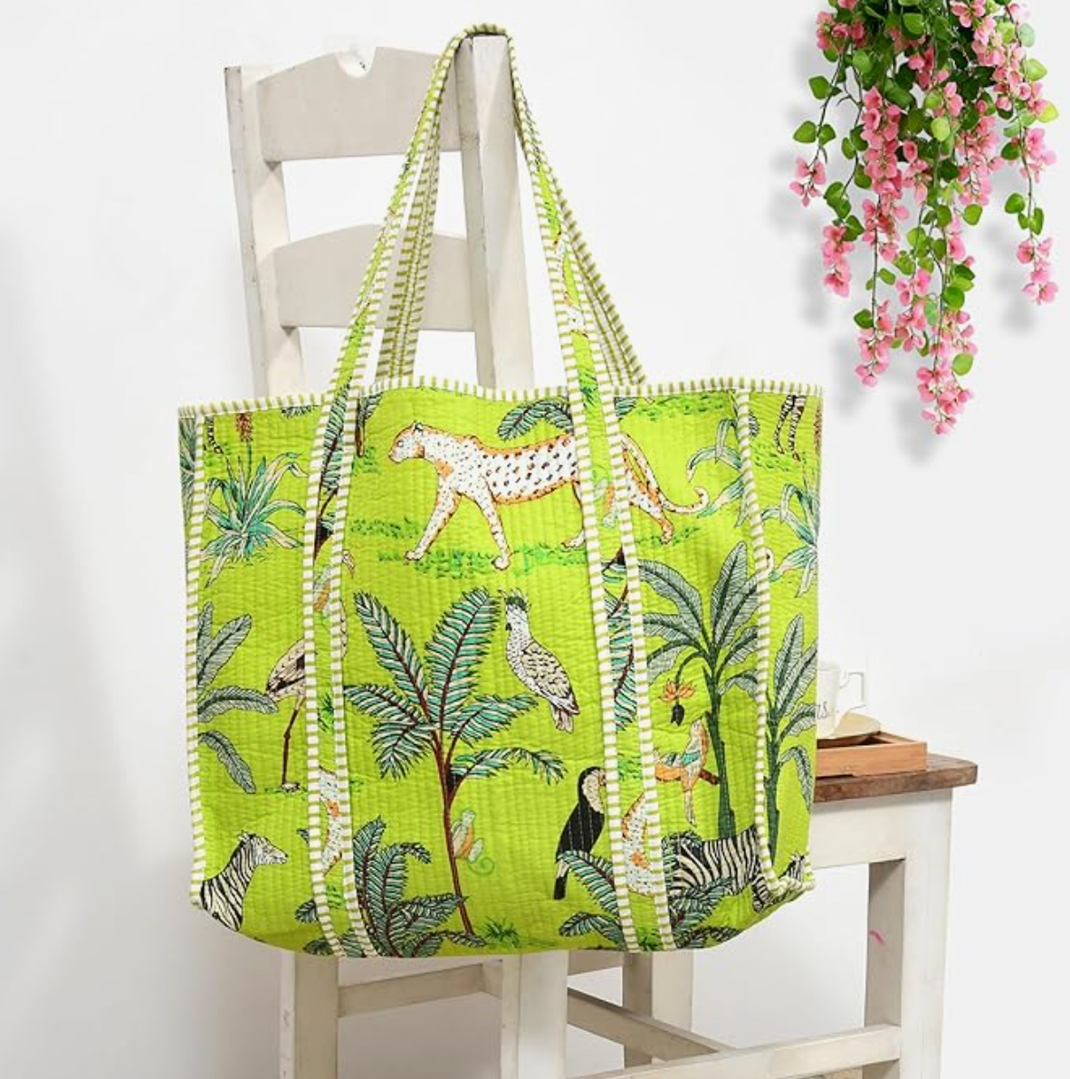 Premium Quilted Tote Bag with Matching Pouches Combo Set (Parrot Green Jungle)