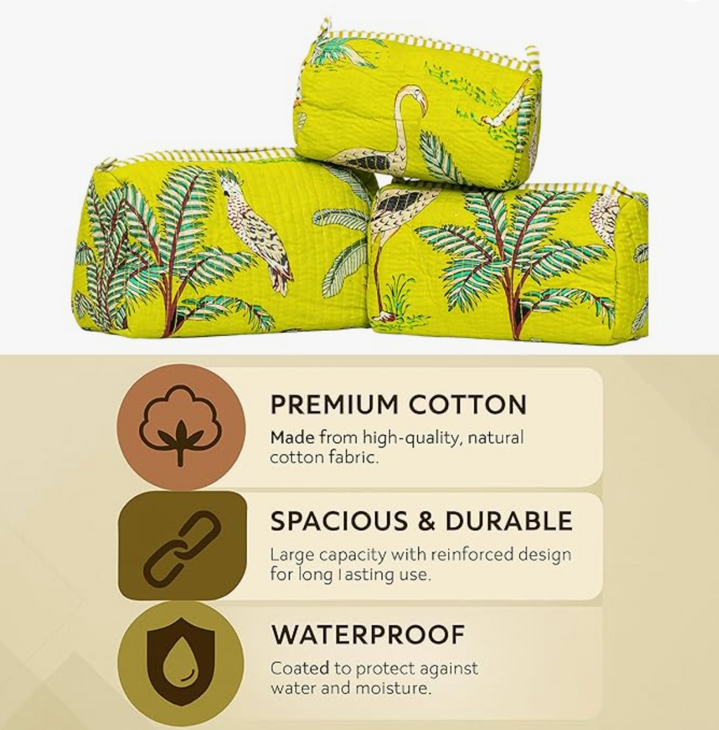 Premium Quilted Tote Bag with Matching Pouches Combo Set (Parrot Green Jungle)