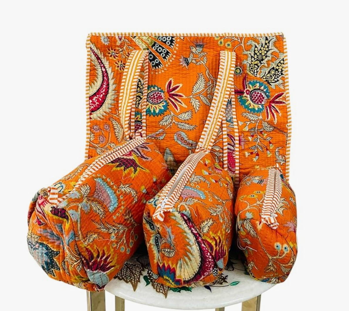 Premium Quilted Tote Bag with Matching Pouches Combo Set (Orange Floral)