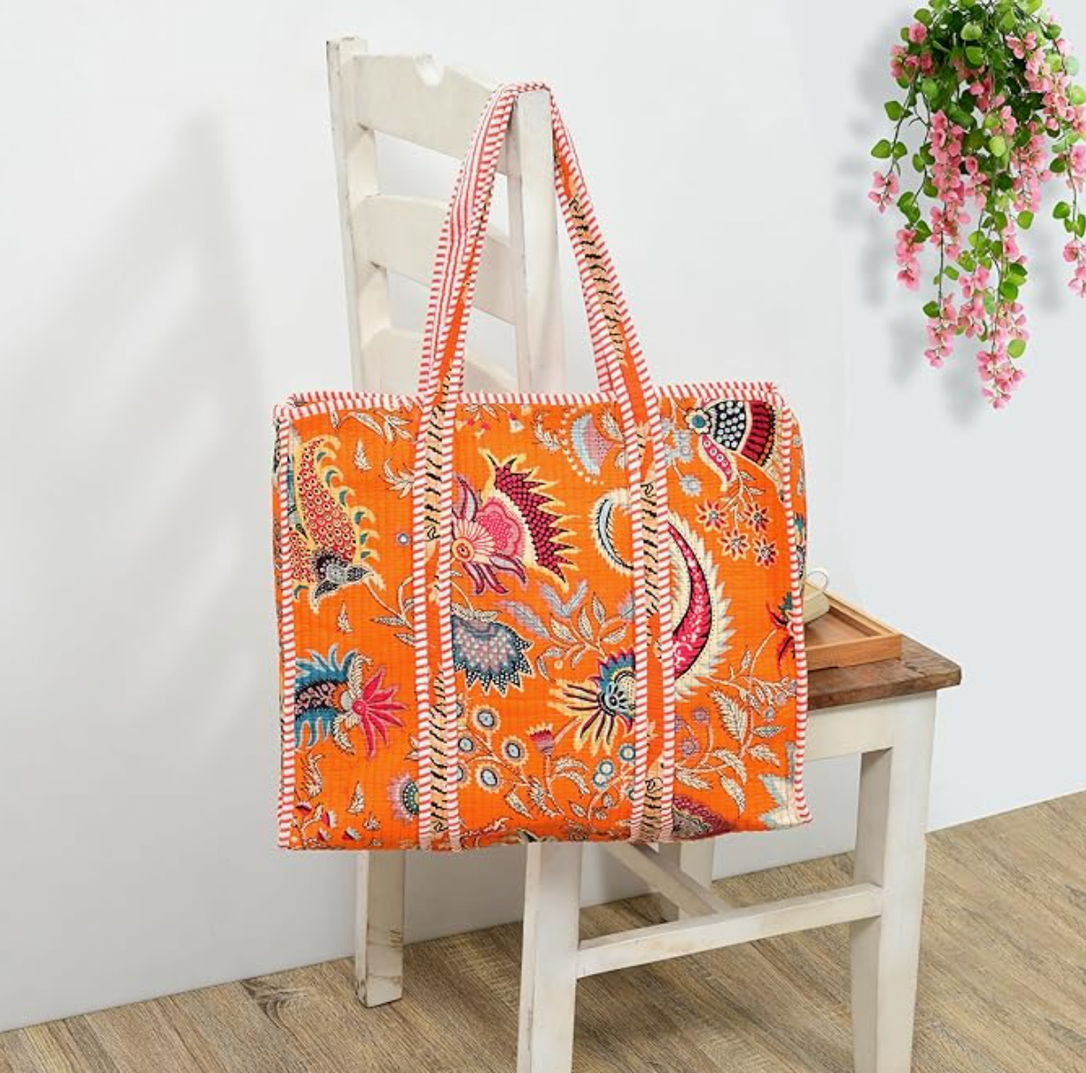 Premium Quilted Tote Bag with Matching Pouches Combo Set (Orange Floral)