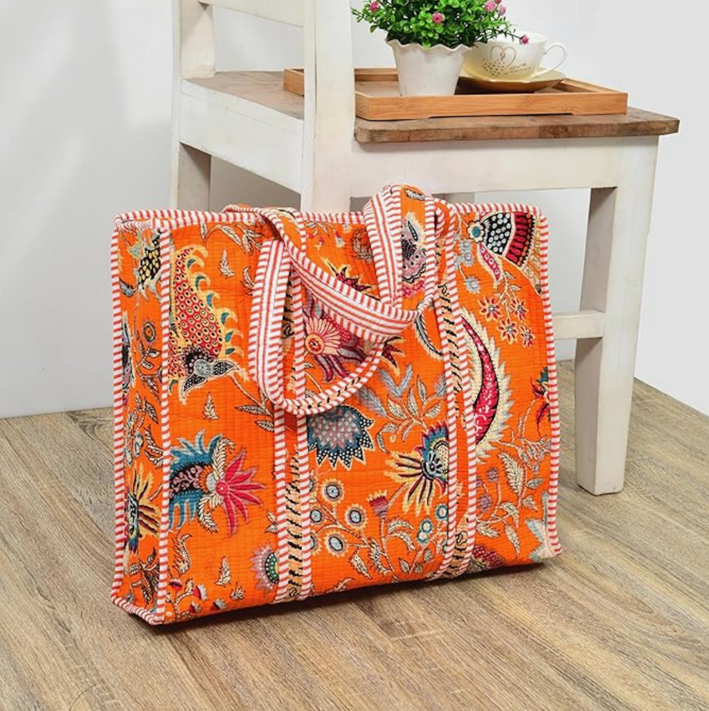 Premium Quilted Tote Bag with Matching Pouches Combo Set (Orange Floral)