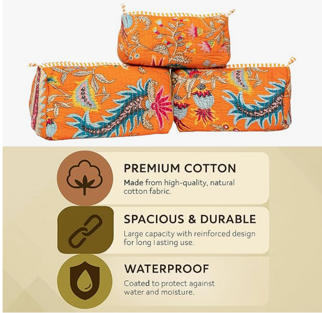 Premium Quilted Tote Bag with Matching Pouches Combo Set (Orange Floral)