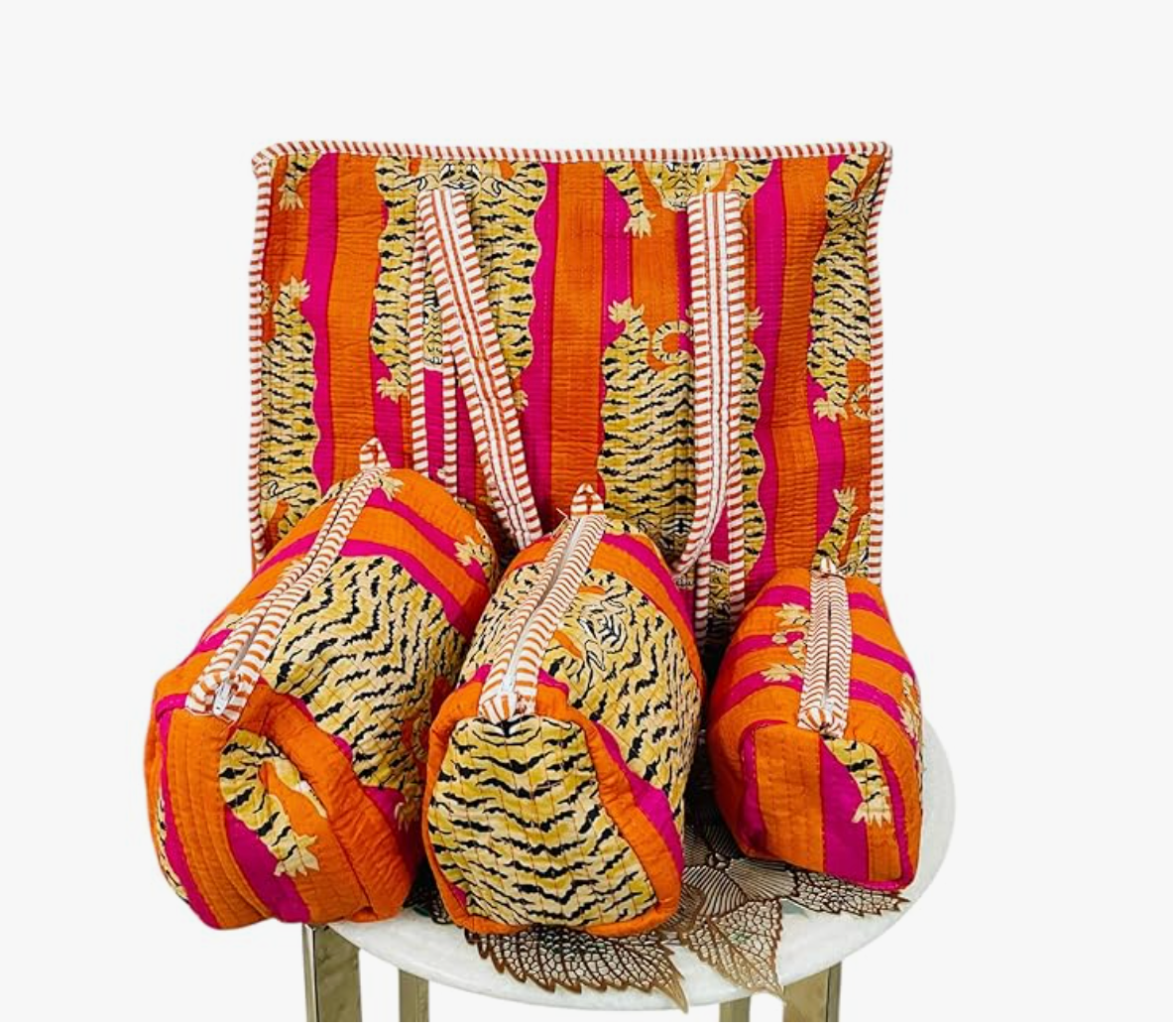 Premium Quilted Tote Bag with Matching Pouches Combo Set (Orange Tiger)