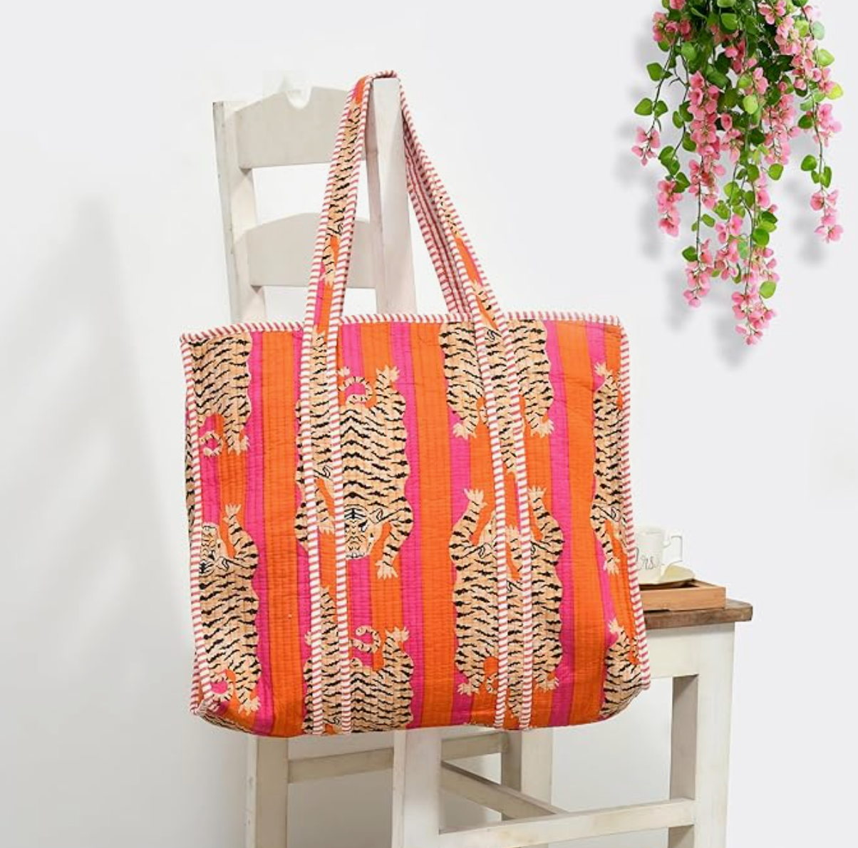 Premium Quilted Tote Bag with Matching Pouches Combo Set (Orange Tiger)