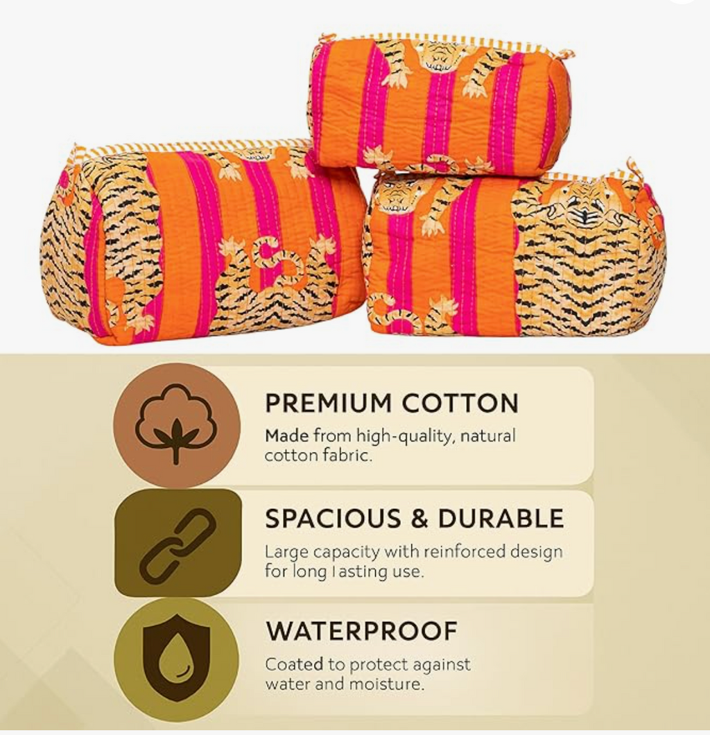 Premium Quilted Tote Bag with Matching Pouches Combo Set (Orange Tiger)