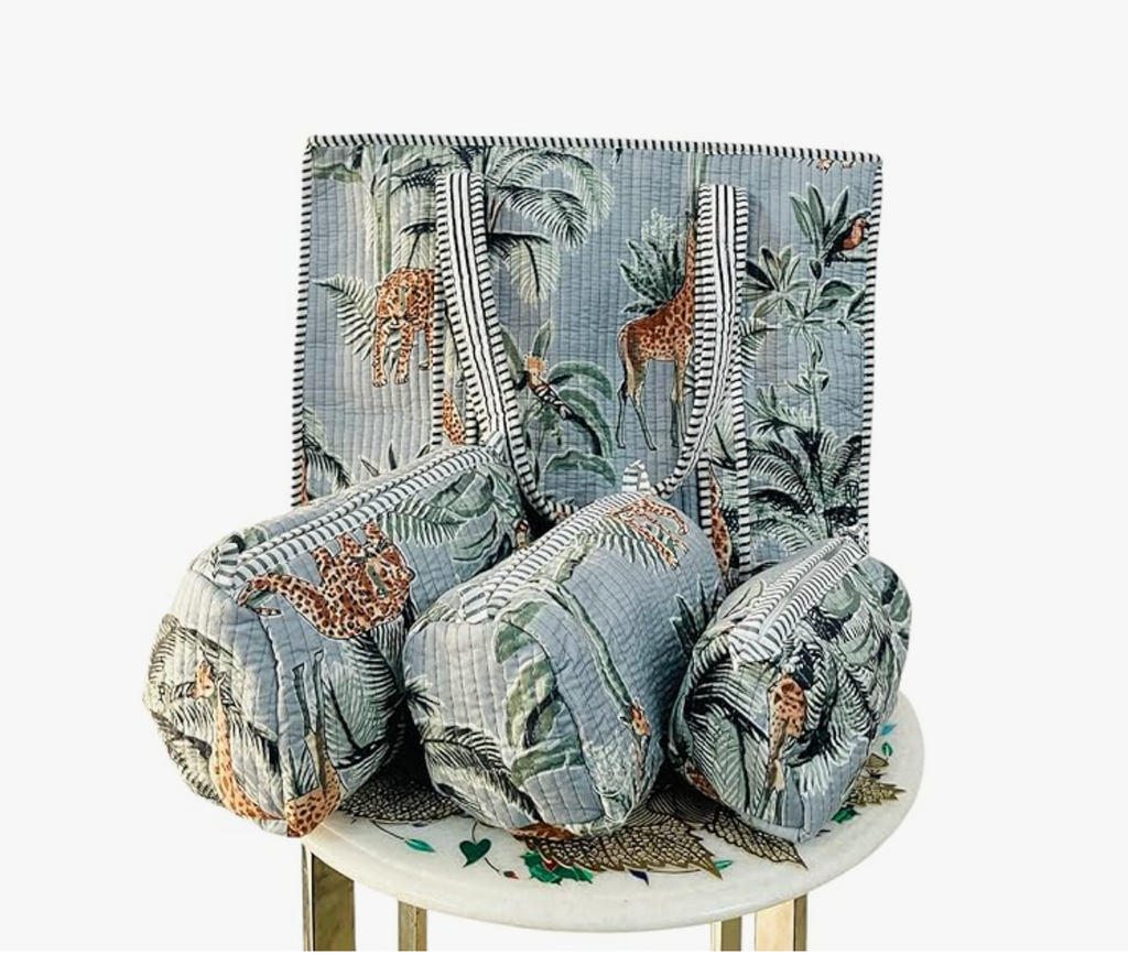 Premium Quilted Tote Bag with Matching Pouches Combo Set (Grey Floral)