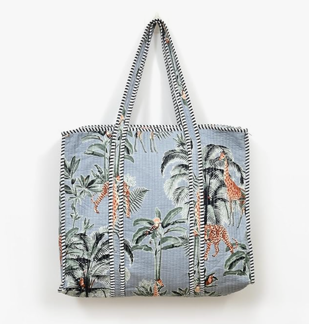 Premium Quilted Tote Bag with Matching Pouches Combo Set (Grey Floral)