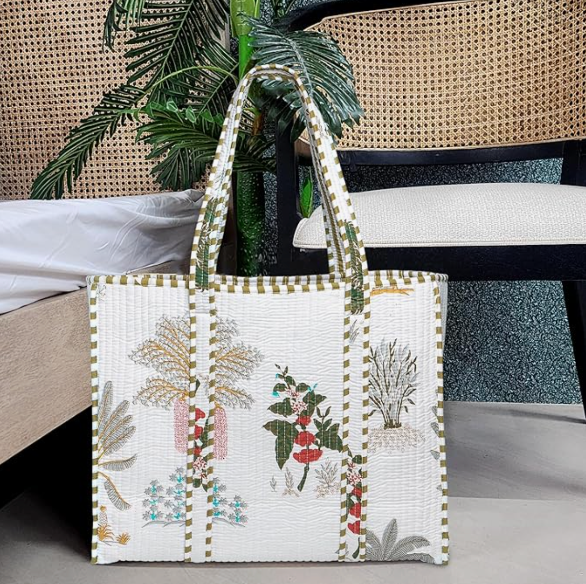 Premium Quilted Tote Bag with Matching Pouches Combo Set (White Floral)