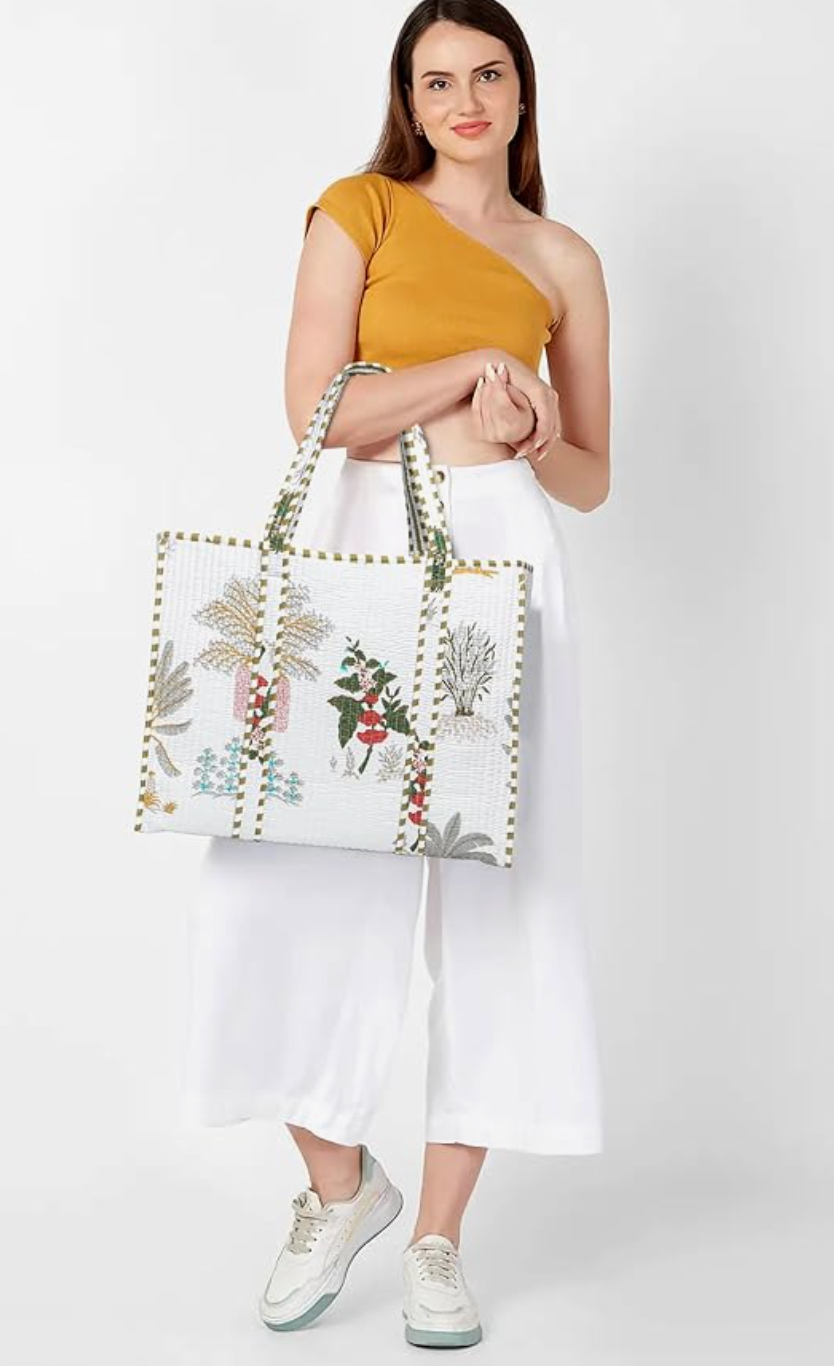 Premium Quilted Tote Bag with Matching Pouches Combo Set (White Floral)