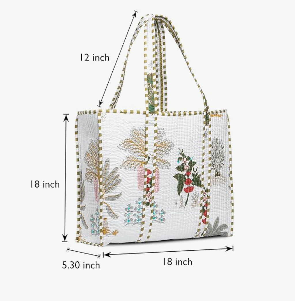 Premium Quilted Tote Bag with Matching Pouches Combo Set (White Floral)