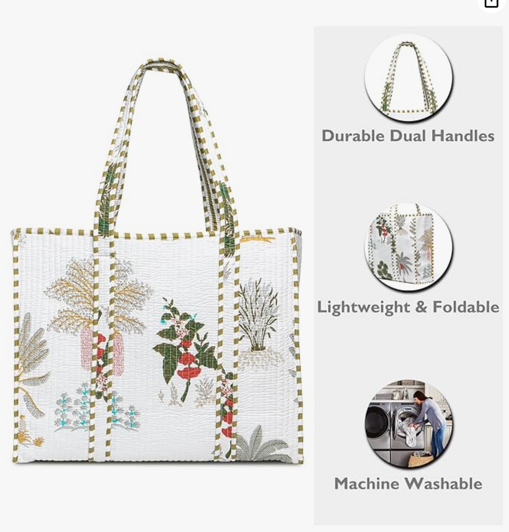 Premium Quilted Tote Bag with Matching Pouches Combo Set (White Floral)