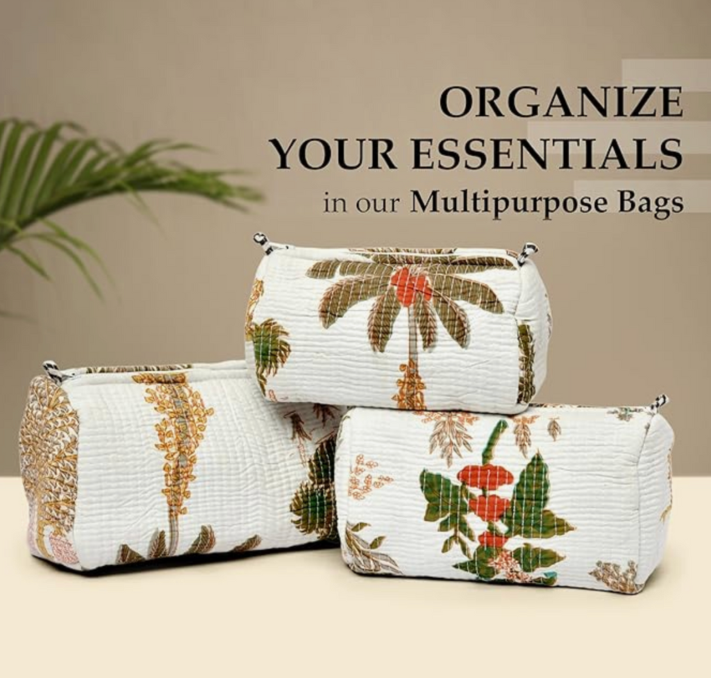 Premium Quilted Tote Bag with Matching Pouches Combo Set (White Floral)