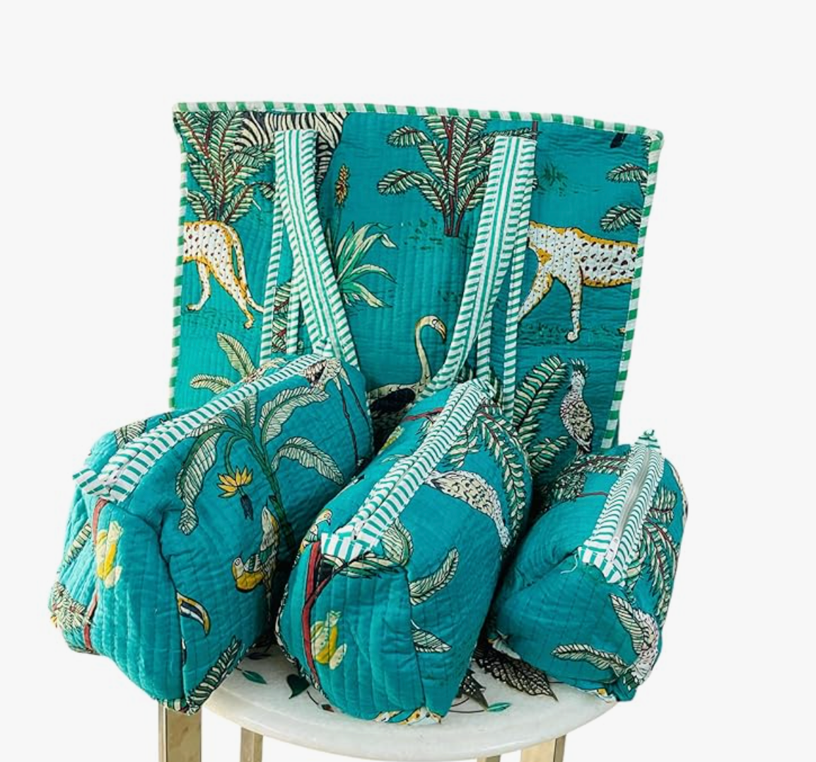 Premium Quilted Tote Bag with Matching Pouches Combo Set (Turquoise Jungle)
