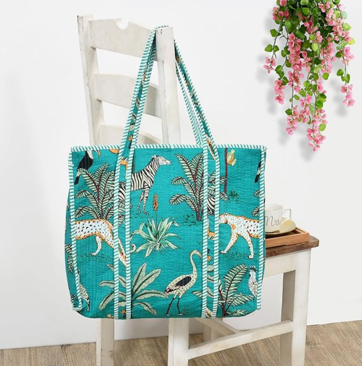 Premium Quilted Tote Bag with Matching Pouches Combo Set (Turquoise Jungle)