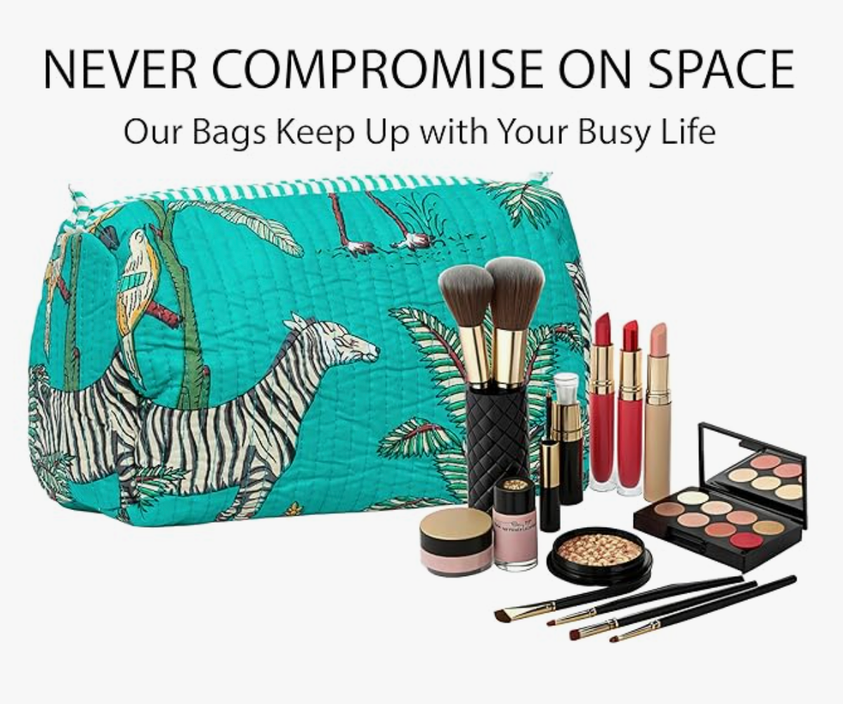 Premium Quilted Tote Bag with Matching Pouches Combo Set (Turquoise Jungle)