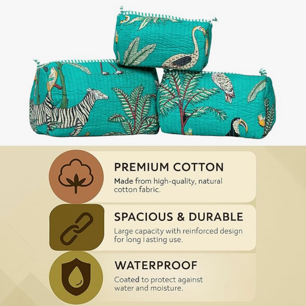 Premium Quilted Tote Bag with Matching Pouches Combo Set (Turquoise Jungle)