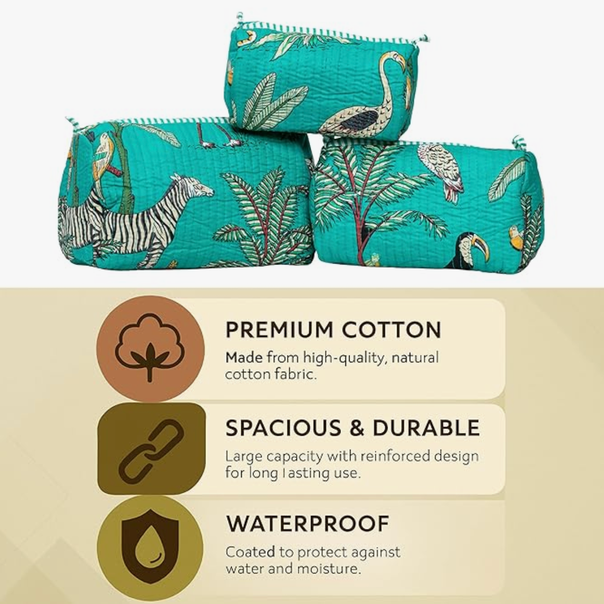 Premium Quilted Tote Bag with Matching Pouches Combo Set (Turquoise Jungle)