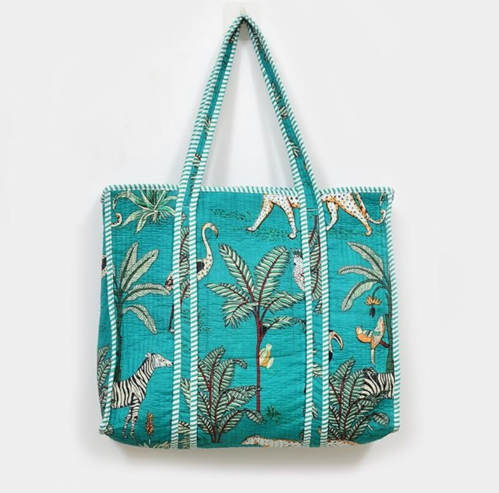 Premium Quilted Tote Bag with Matching Pouches Combo Set (Turquoise Jungle)