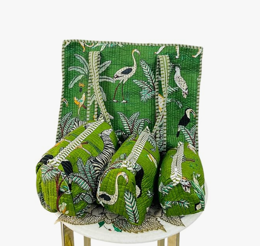 Premium Quilted Tote Bag with Matching Pouches Combo Set (Green Jungle)