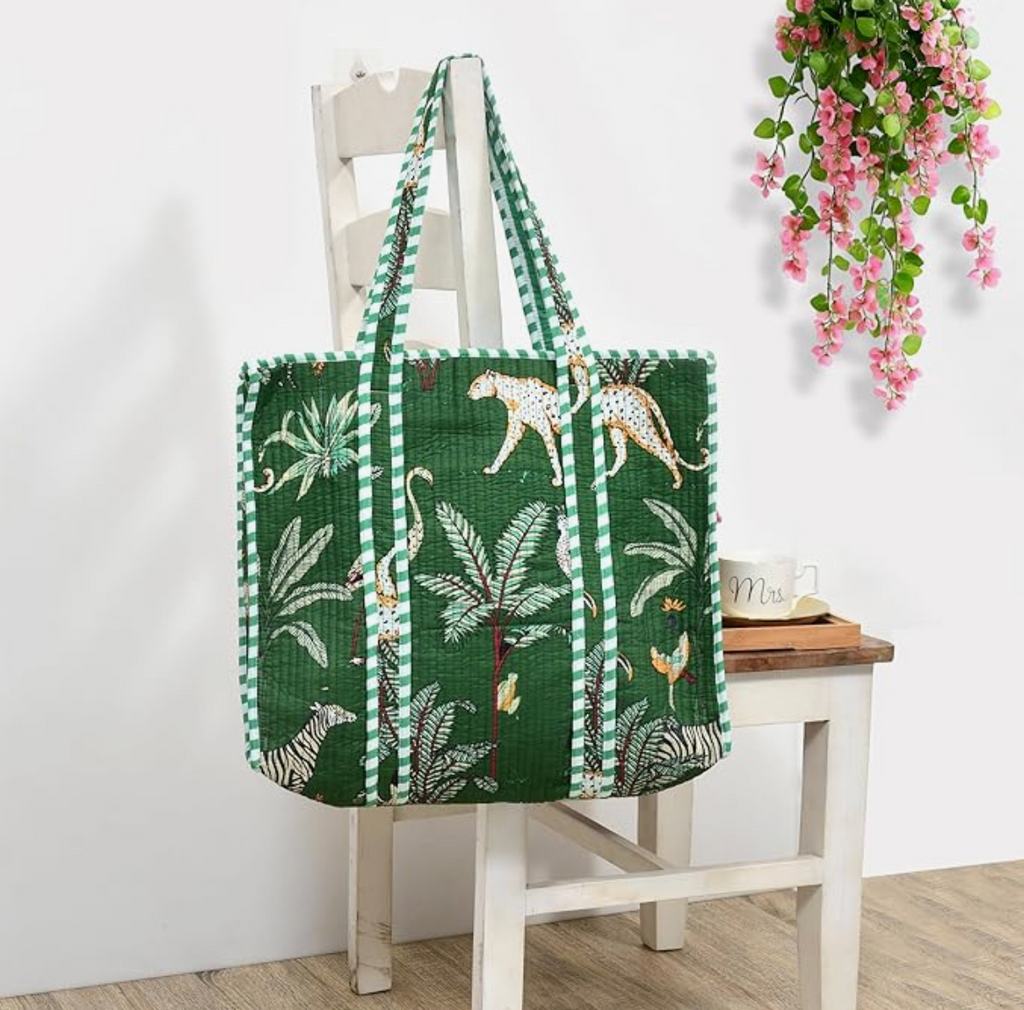 Premium Quilted Tote Bag with Matching Pouches Combo Set (Green Jungle)