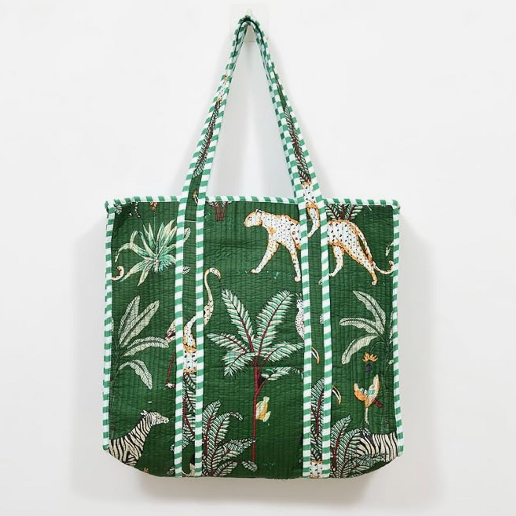 Premium Quilted Tote Bag with Matching Pouches Combo Set (Green Jungle)