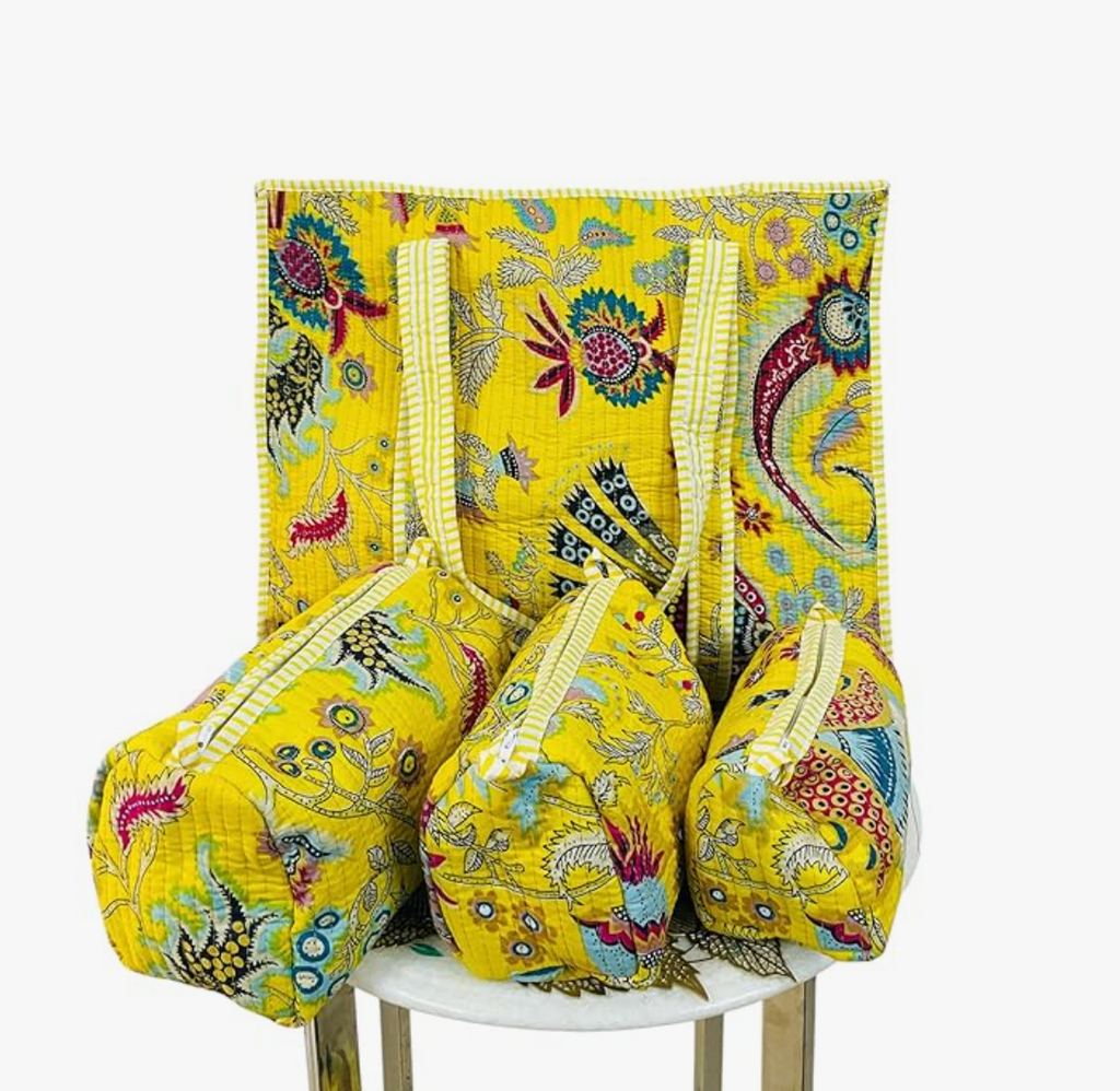 Premium Quilted Tote Bag with Matching Pouches Combo Set (Yellow Floral)