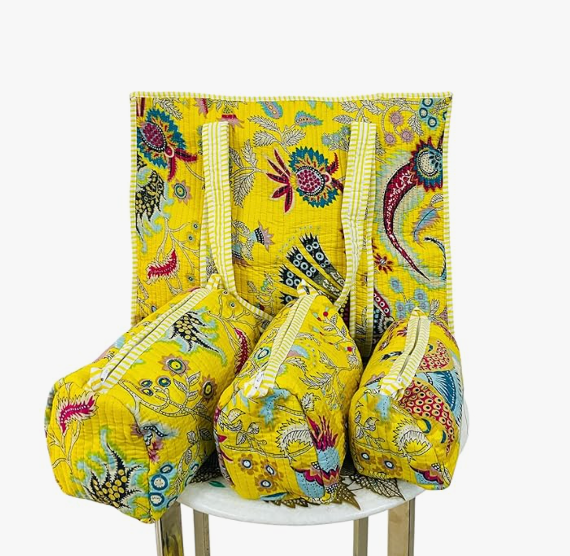 Premium Quilted Tote Bag with Matching Pouches Combo Set (Yellow Floral)