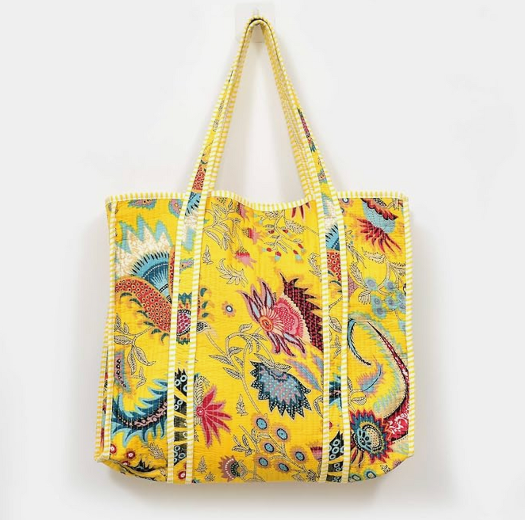 Premium Quilted Tote Bag with Matching Pouches Combo Set (Yellow Floral)
