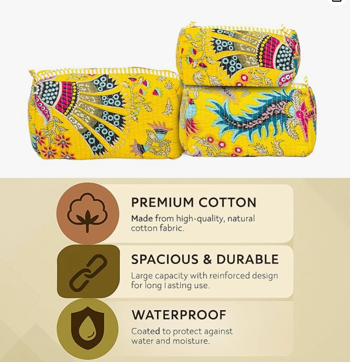 Premium Quilted Tote Bag with Matching Pouches Combo Set (Yellow Floral)