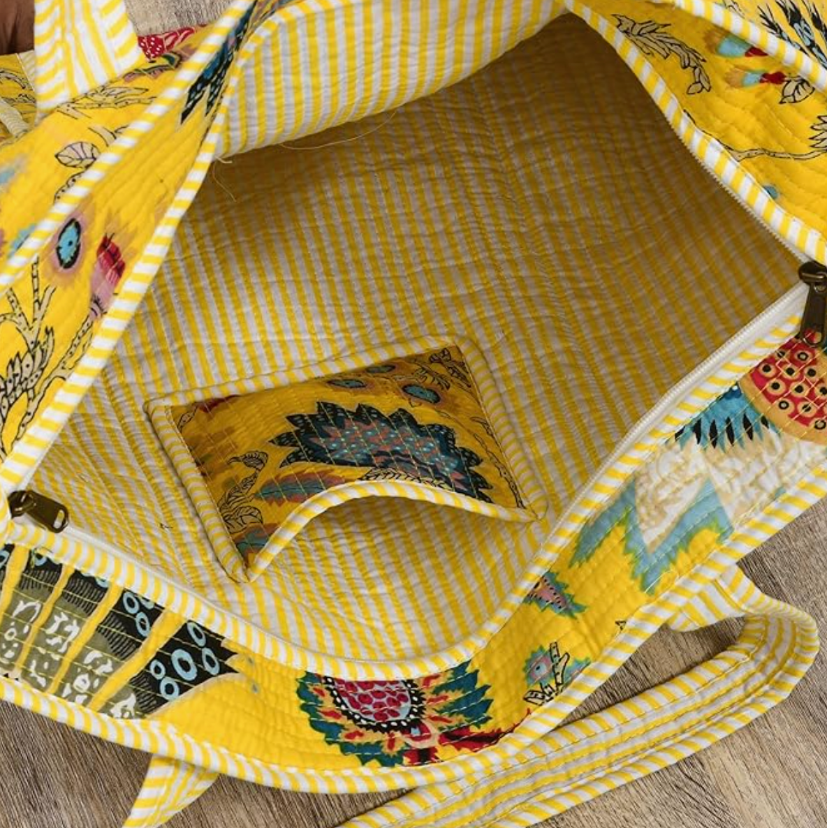 Premium Quilted Tote Bag with Matching Pouches Combo Set (Yellow Floral)