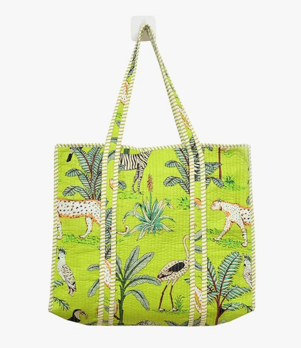 Quilted Cotton Tote Bag (Parrot Green Jungle)