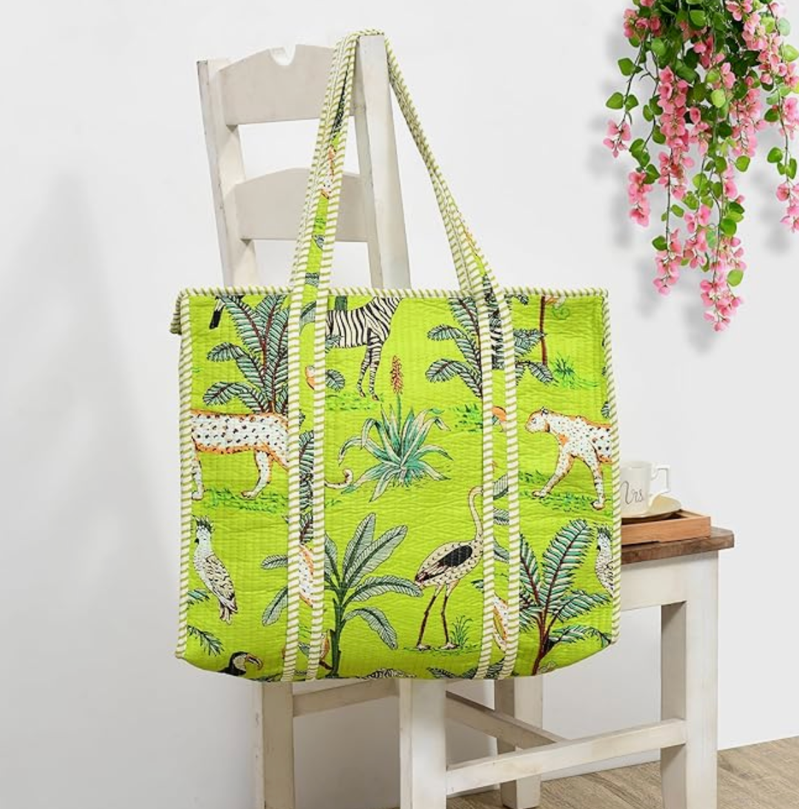Quilted Cotton Tote Bag (Parrot Green Jungle)