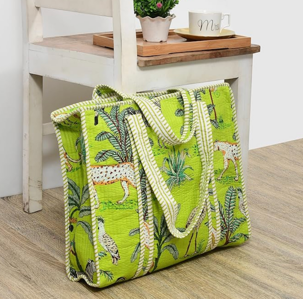 Quilted Cotton Tote Bag (Parrot Green Jungle)