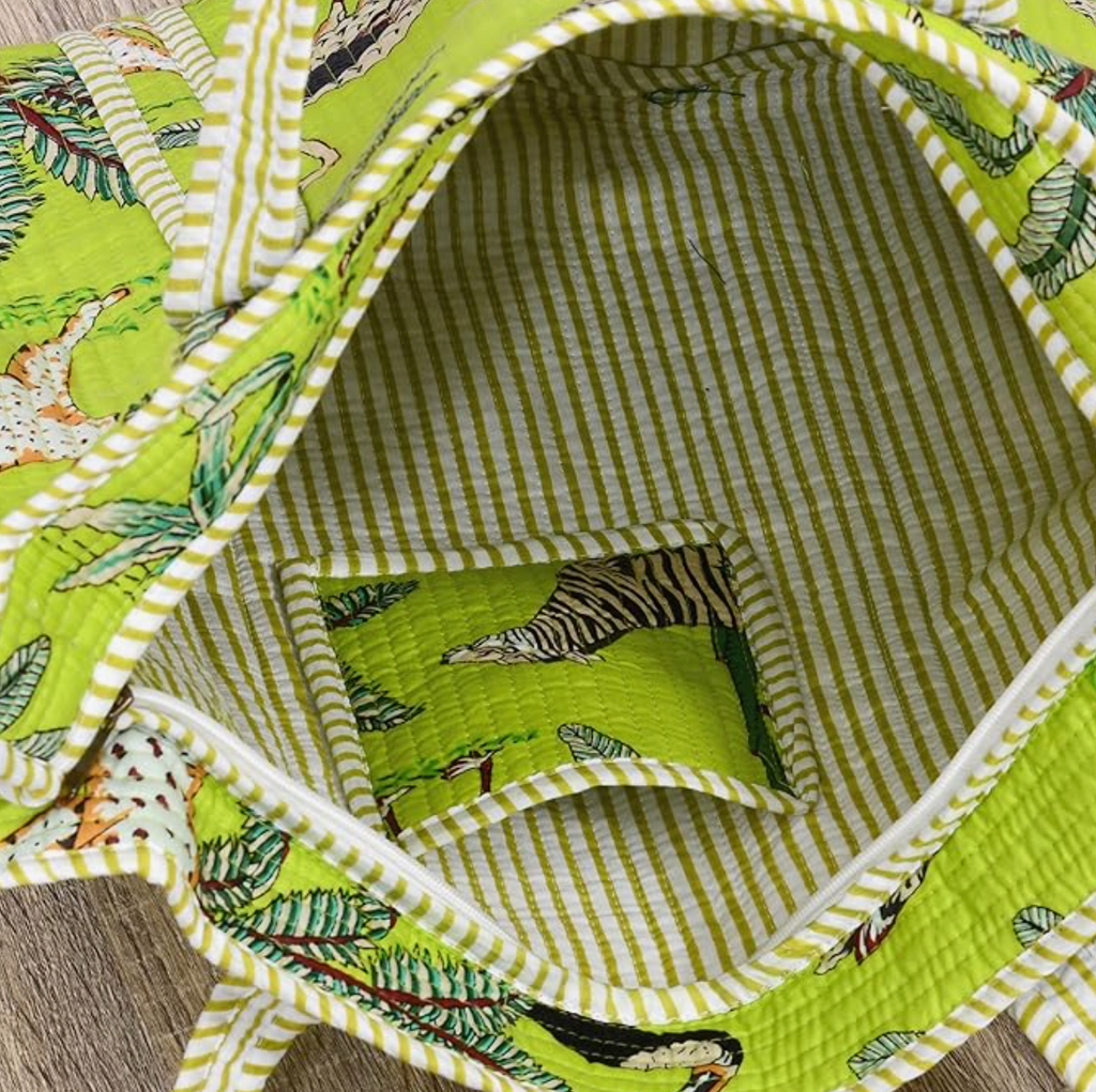 Quilted Cotton Tote Bag (Parrot Green Jungle)