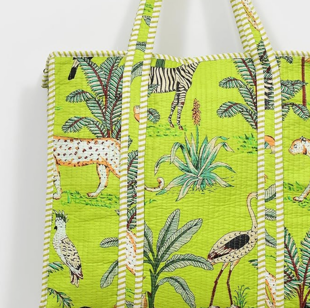 Quilted Cotton Tote Bag (Parrot Green Jungle)