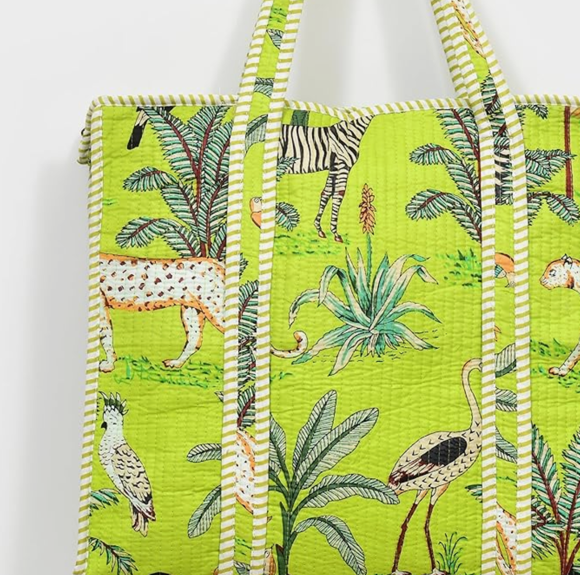 Quilted Cotton Tote Bag (Parrot Green Jungle)
