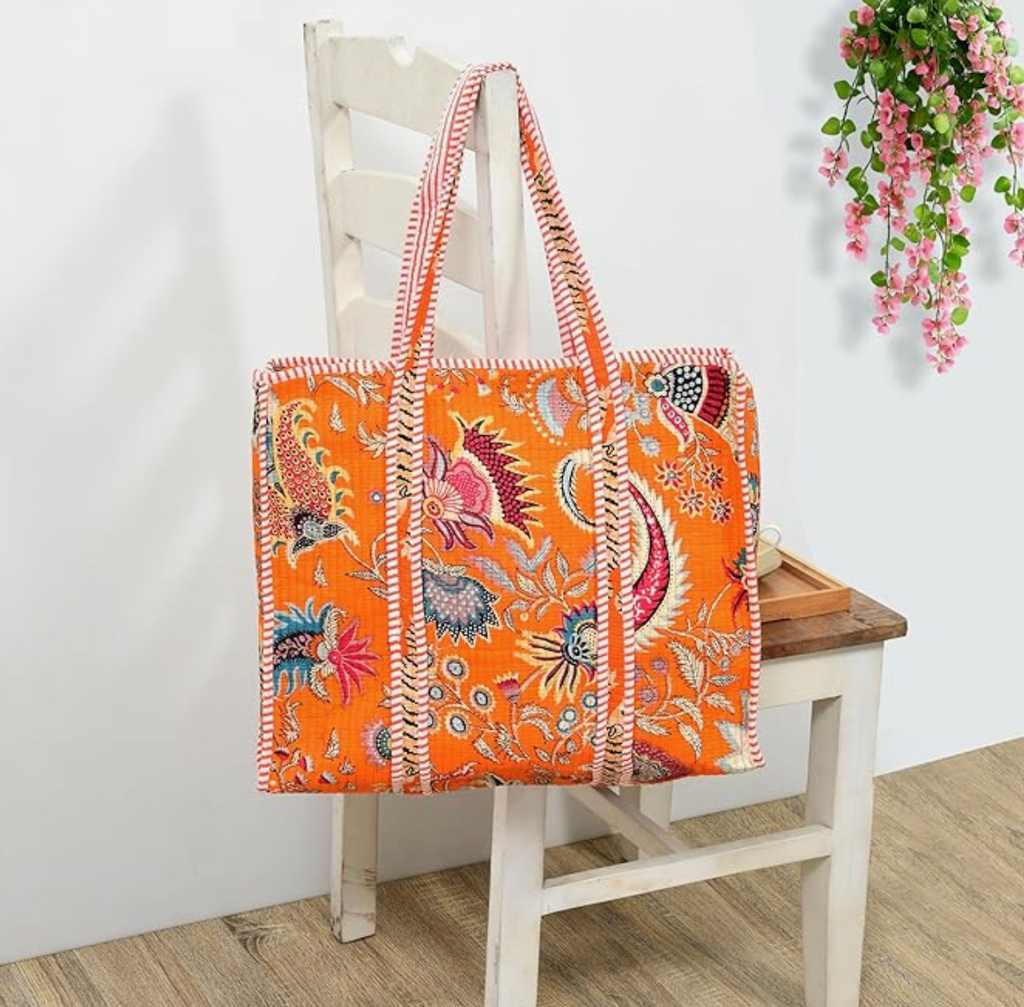Quilted Cotton Tote Bag (Orange Floral)