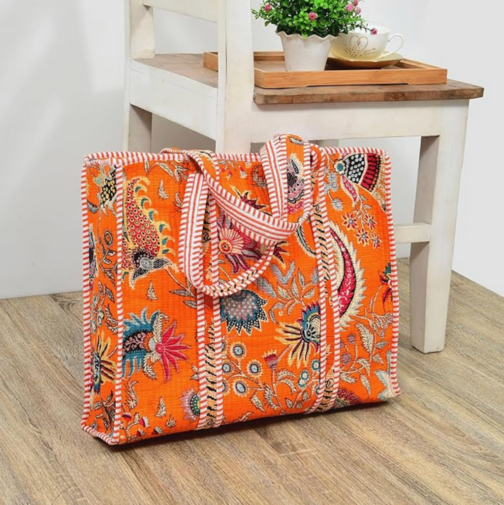 Quilted Cotton Tote Bag (Orange Floral)