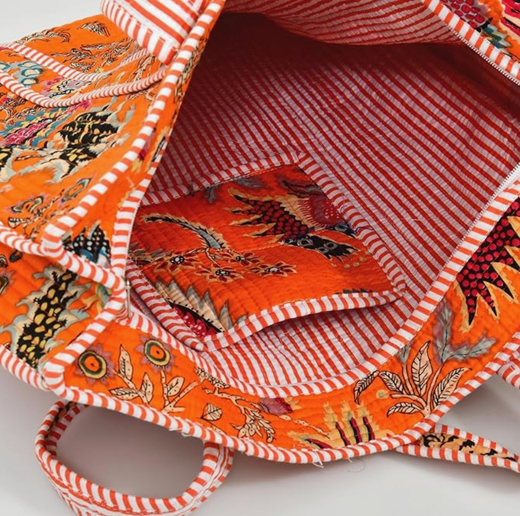 Quilted Cotton Tote Bag (Orange Floral)