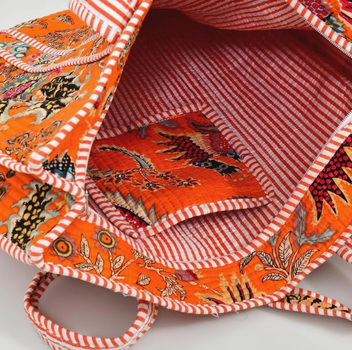 Quilted Cotton Tote Bag (Orange Floral)