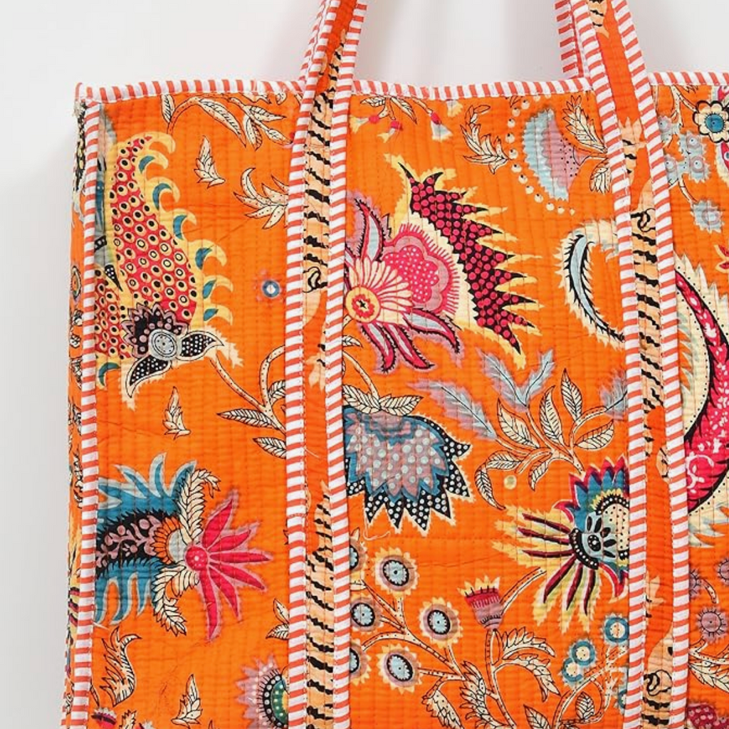 Quilted Cotton Tote Bag (Orange Floral)