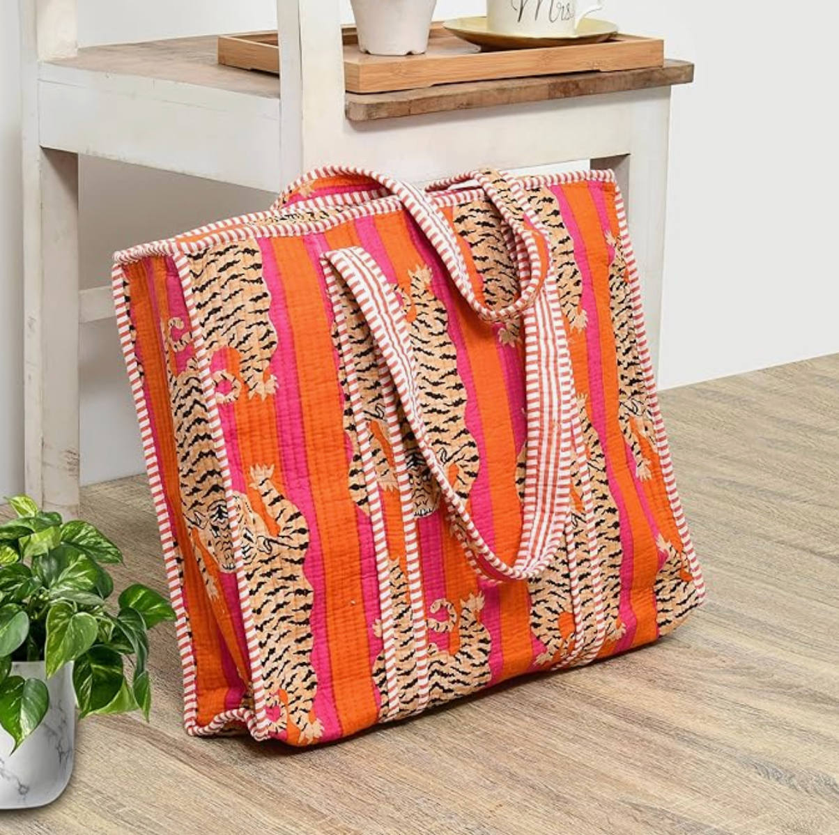 Quilted Cotton Tote Bag (Orange Tiger)