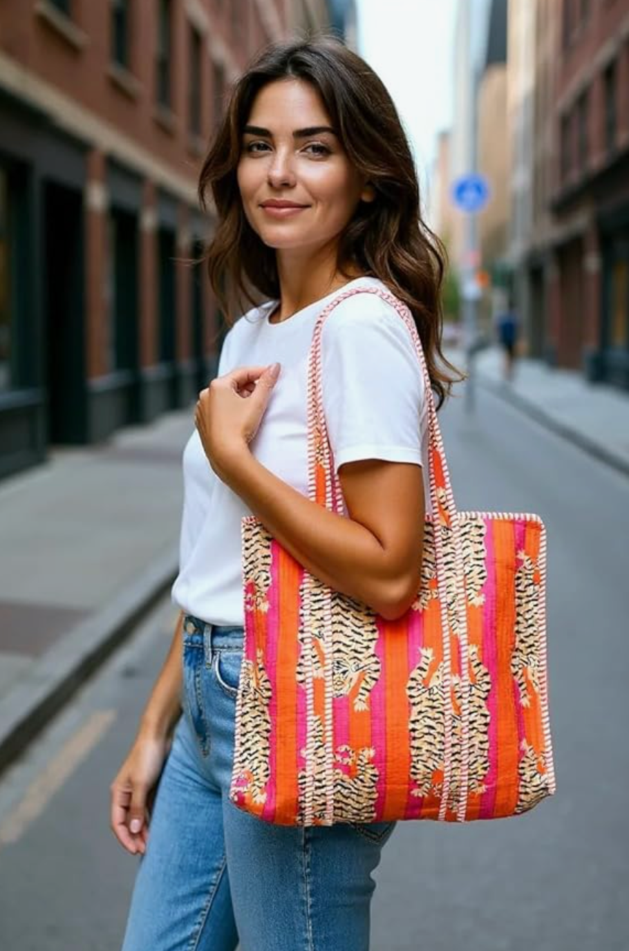 Quilted Cotton Tote Bag (Orange Tiger)