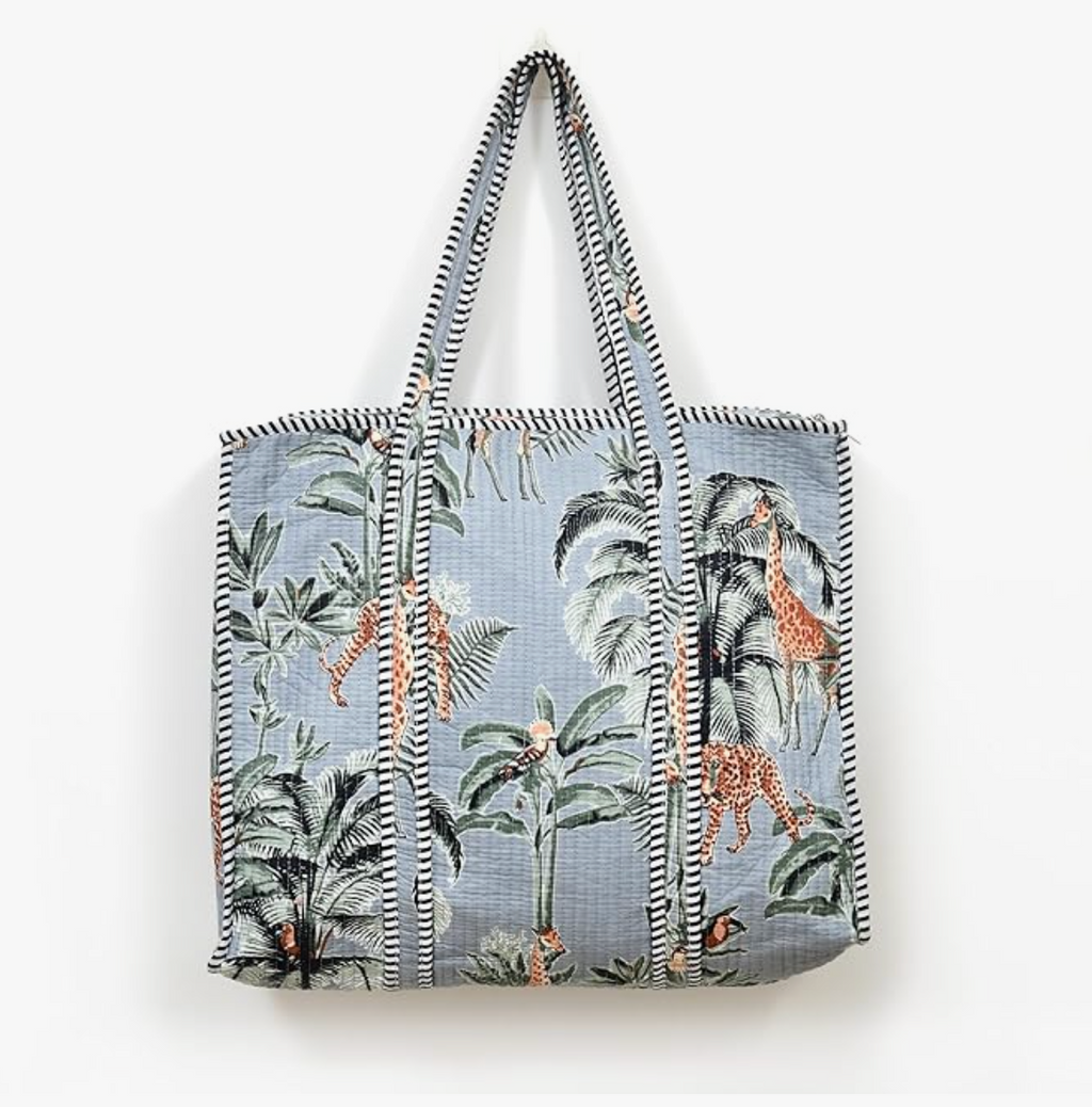 Quilted Cotton Tote Bag (Grey Floral)
