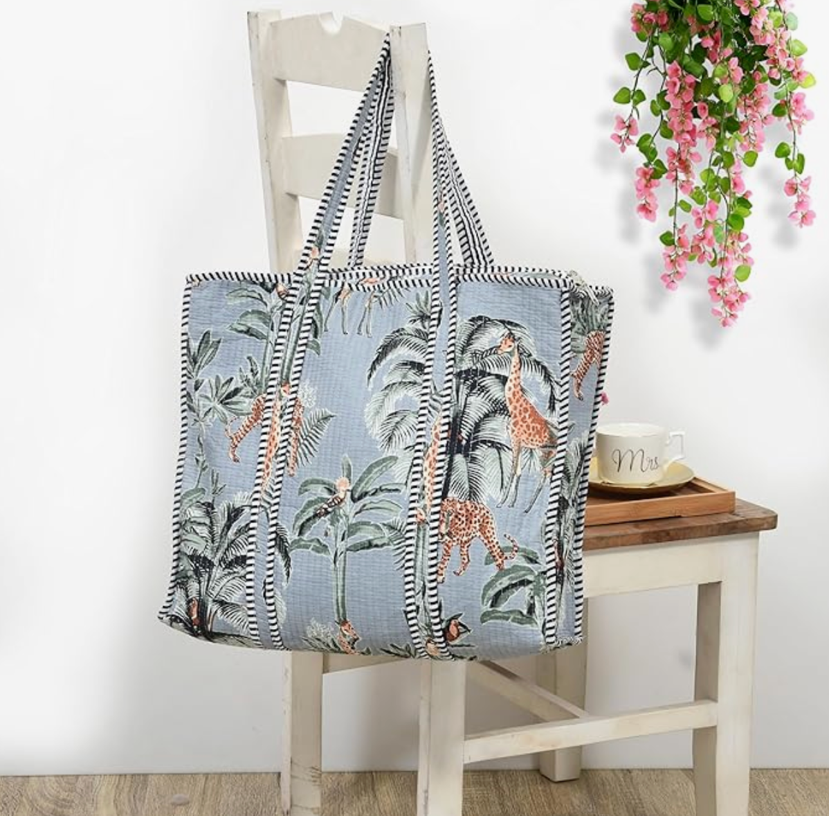 Quilted Cotton Tote Bag (Grey Floral)
